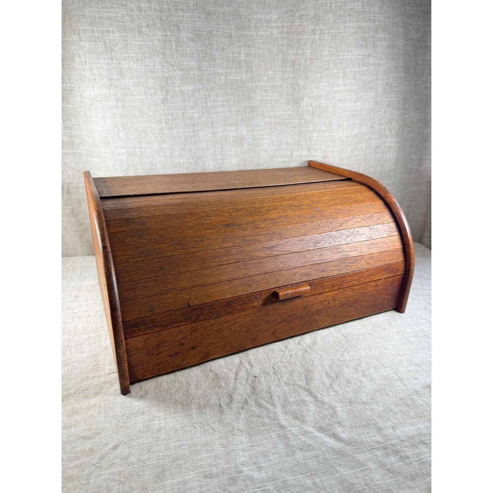 Vintage Teak Wood Roll Top Bread Box, MCM Tambour Door Kitchen Storage